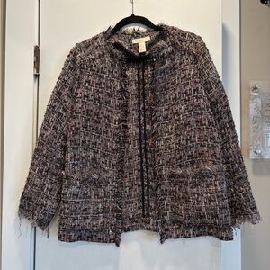 H&M Tweed Fringe Open-Front Jacket - Gray Multicolor